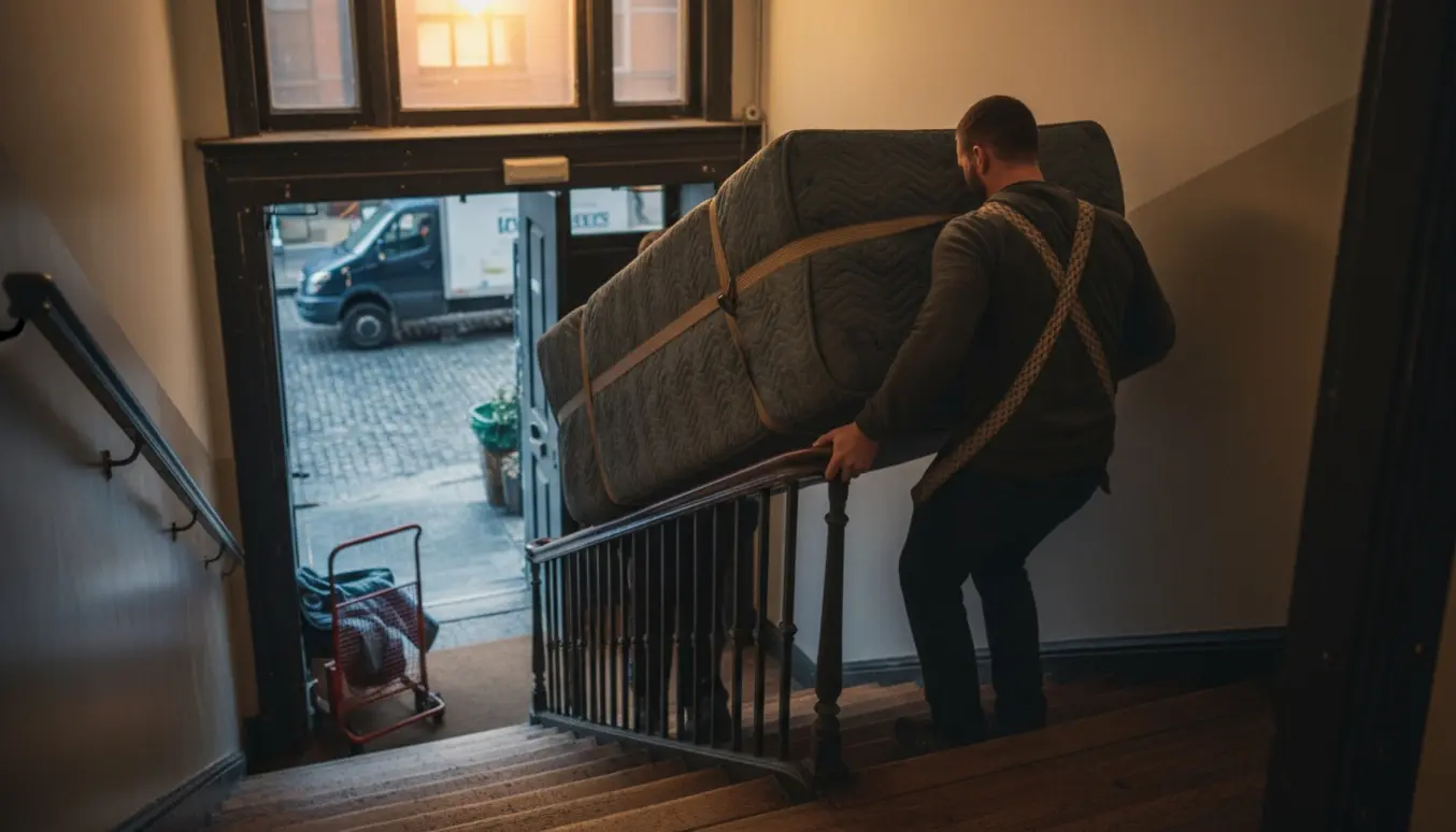 To personer bærer en stor boxmadras pakket i flyttetæpper ned ad en opgang om aftenen.
