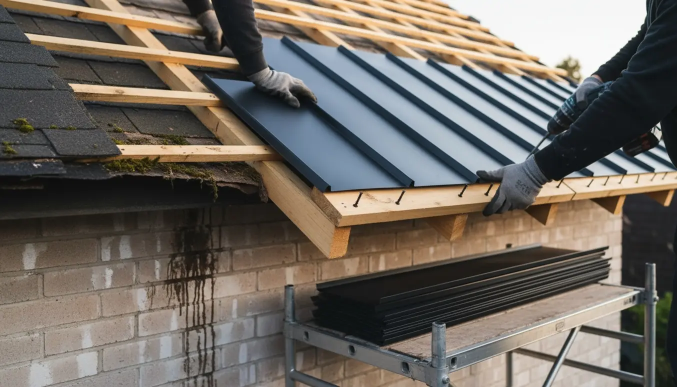 Nyt sort metaltag monteres på et lille udhus med ny trækonstruktion, mens det gamle utætte tag og fugtskader på murværket ses.