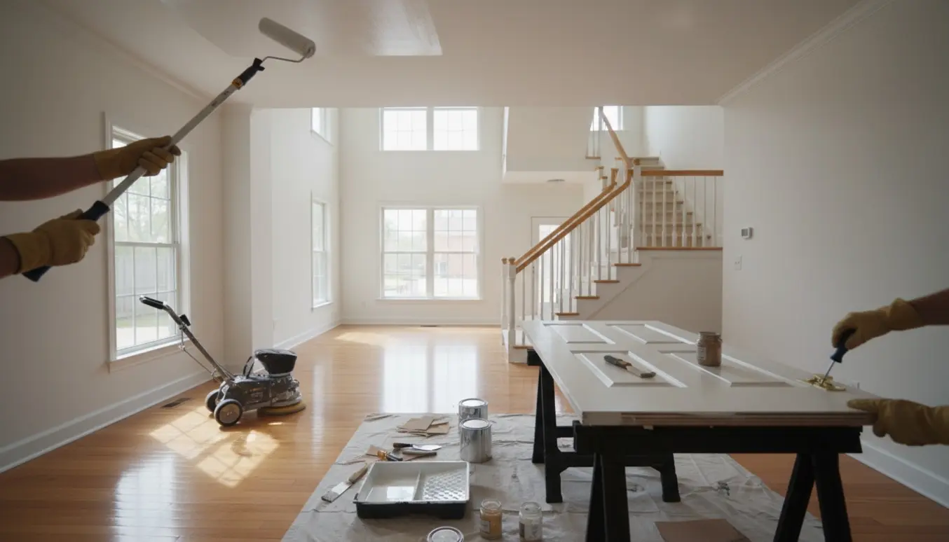 Rækkehus under fraflytningsklargøring med nymalede vægge, små reparationer og nyligt polerede trægulve.