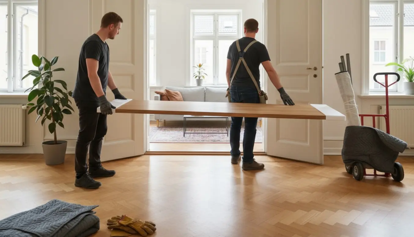 To personer bærer en lang, smal træbordplade gennem en lys stue i en Frederiksberg-lejlighed, uden ansigter tydeligt synlige.