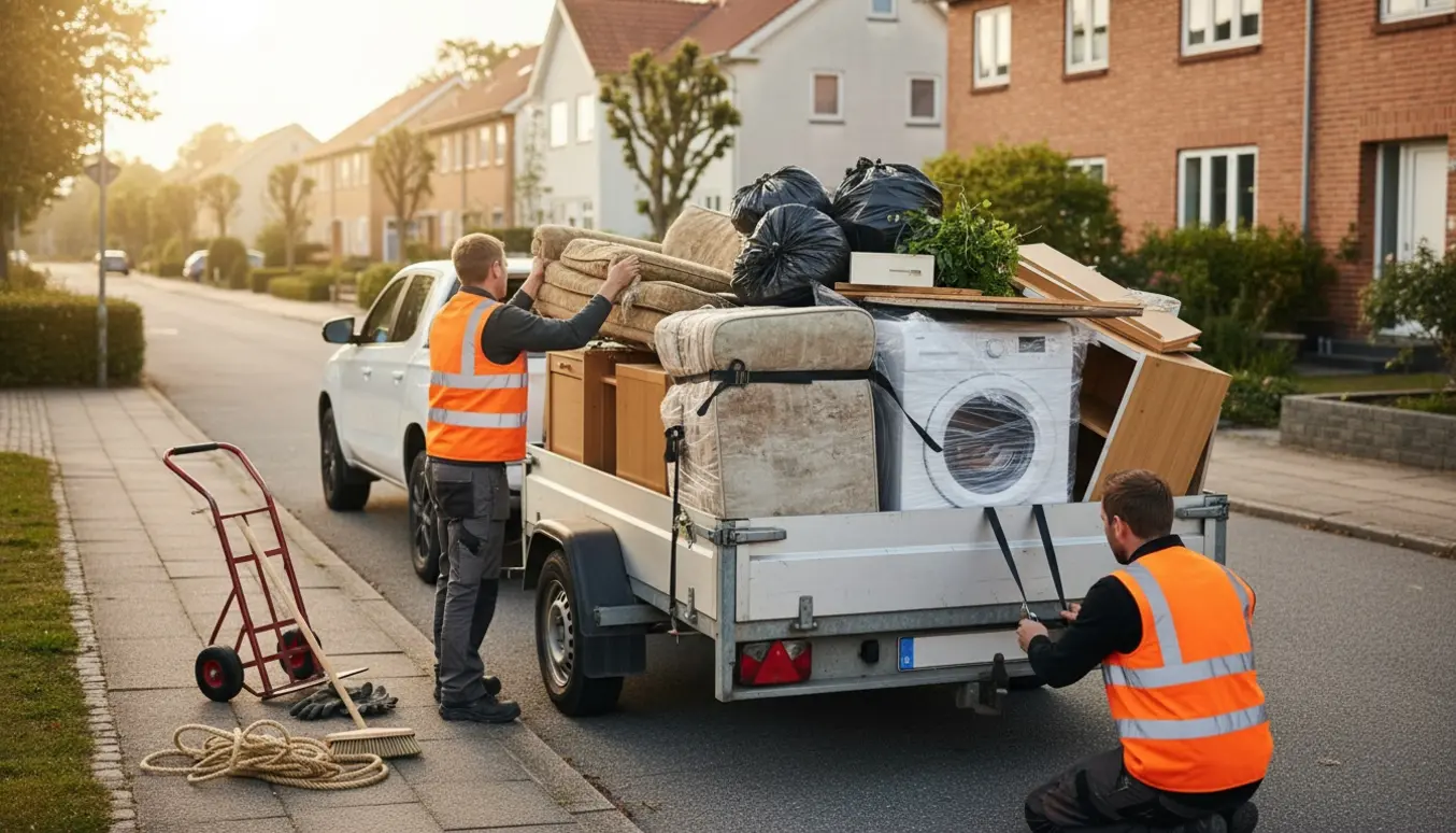 Arbejder læsser affald og møbler på en trailer på en villavej uden synlige ansigter.