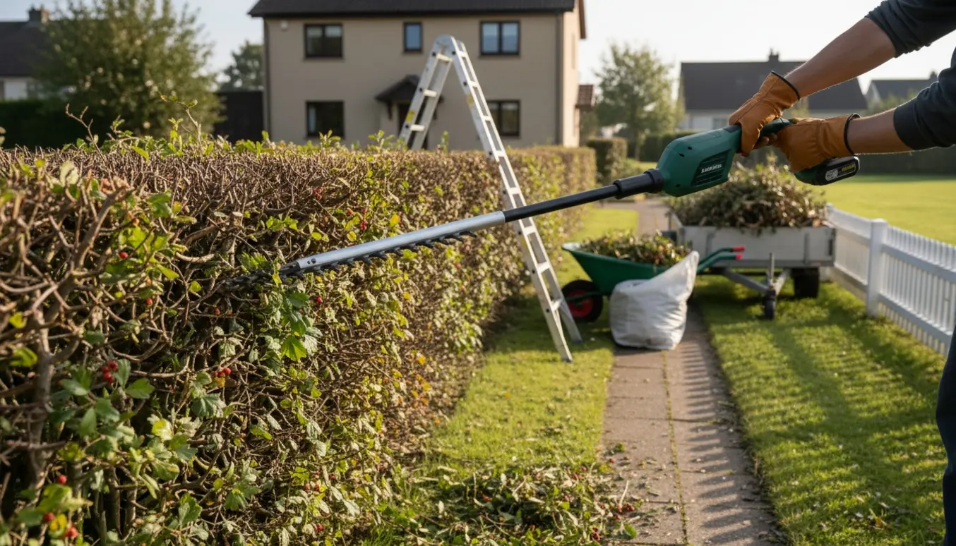 Beskæring af en gammel tjørnehæk med hækkeklipper og opsamling af grenaffald ved stien.