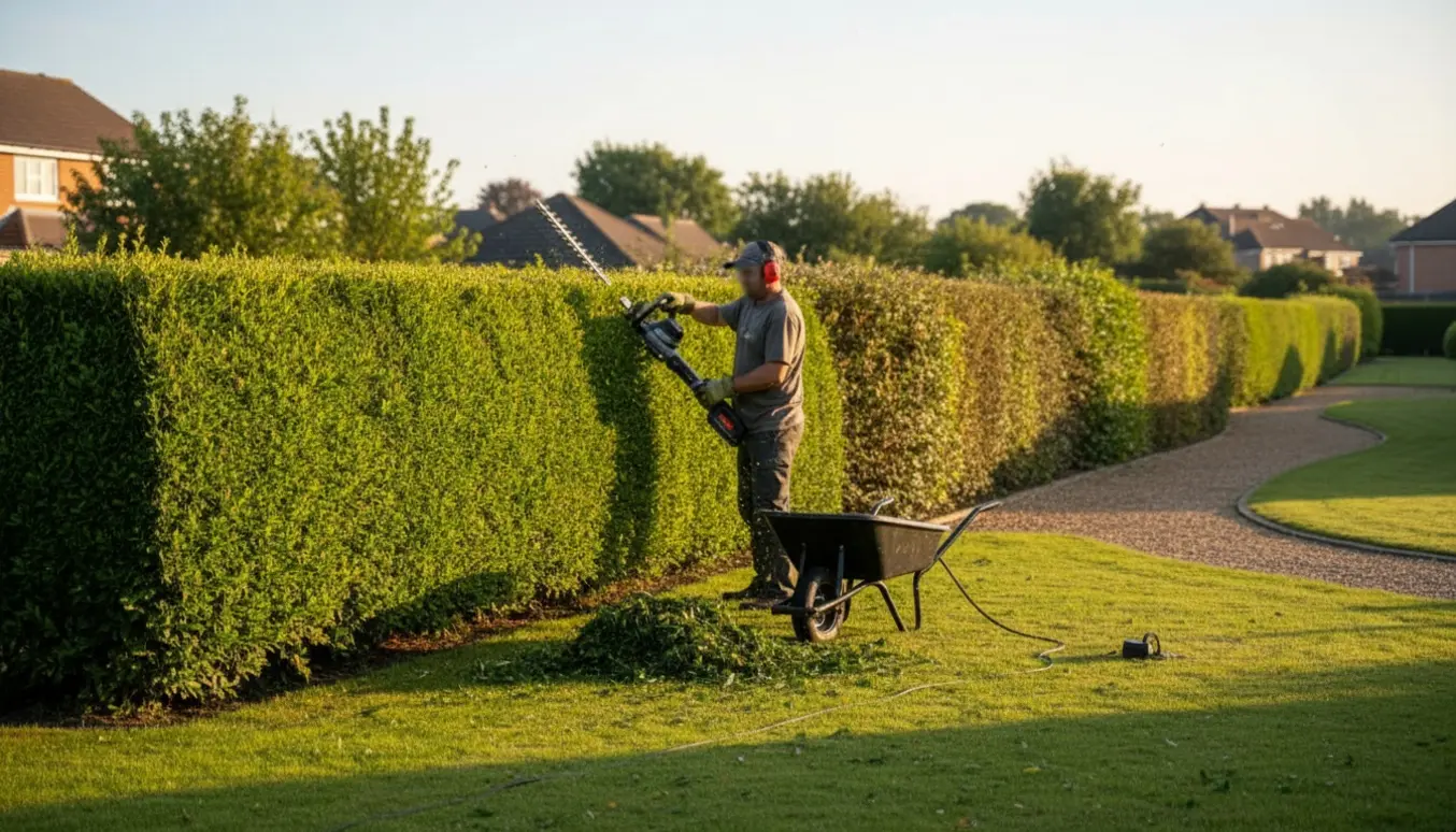 Person set bagfra klipper en skulderhøj ligusterhæk med en elektrisk hækkeklipper, med afklip i en trillebør ved siden af.