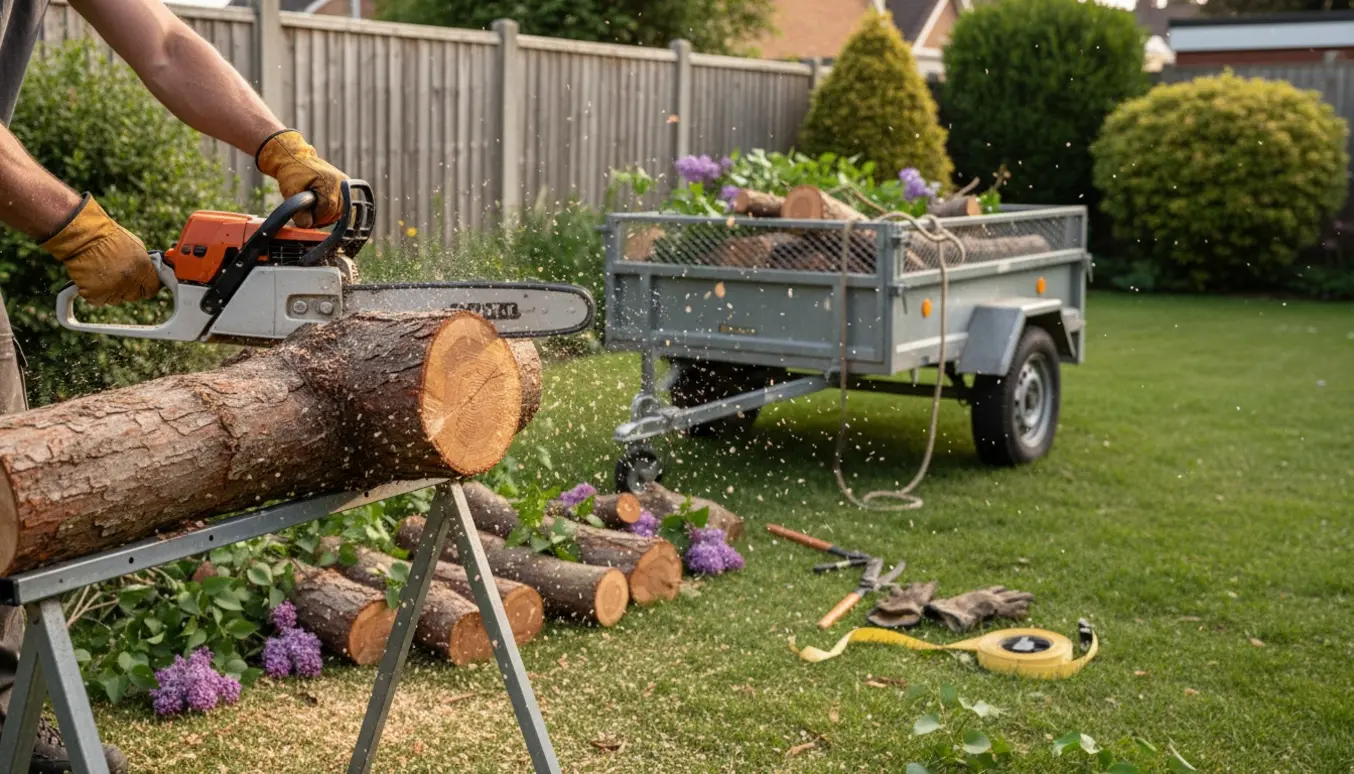 Kædesav skærer i en syrenstamme med stakke af afsavede grene og en trailer klar til bortkørsel.