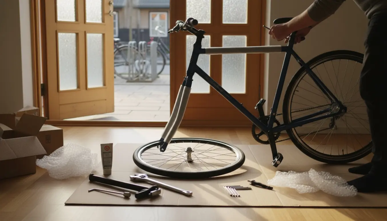 Delvis samlet ny cykel ved hoveddøren i Herlev med værktøj og emballage omkring.