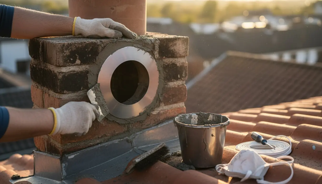 Hænder tætner en skorsten efter fjernet brændeovn med en rustfri plade og varmefast mørtel på et tag.