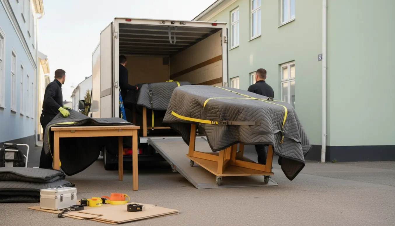 To spiseborde pakkes og flyttes ved en åben flyttebil, med flytternes ansigter skjult.