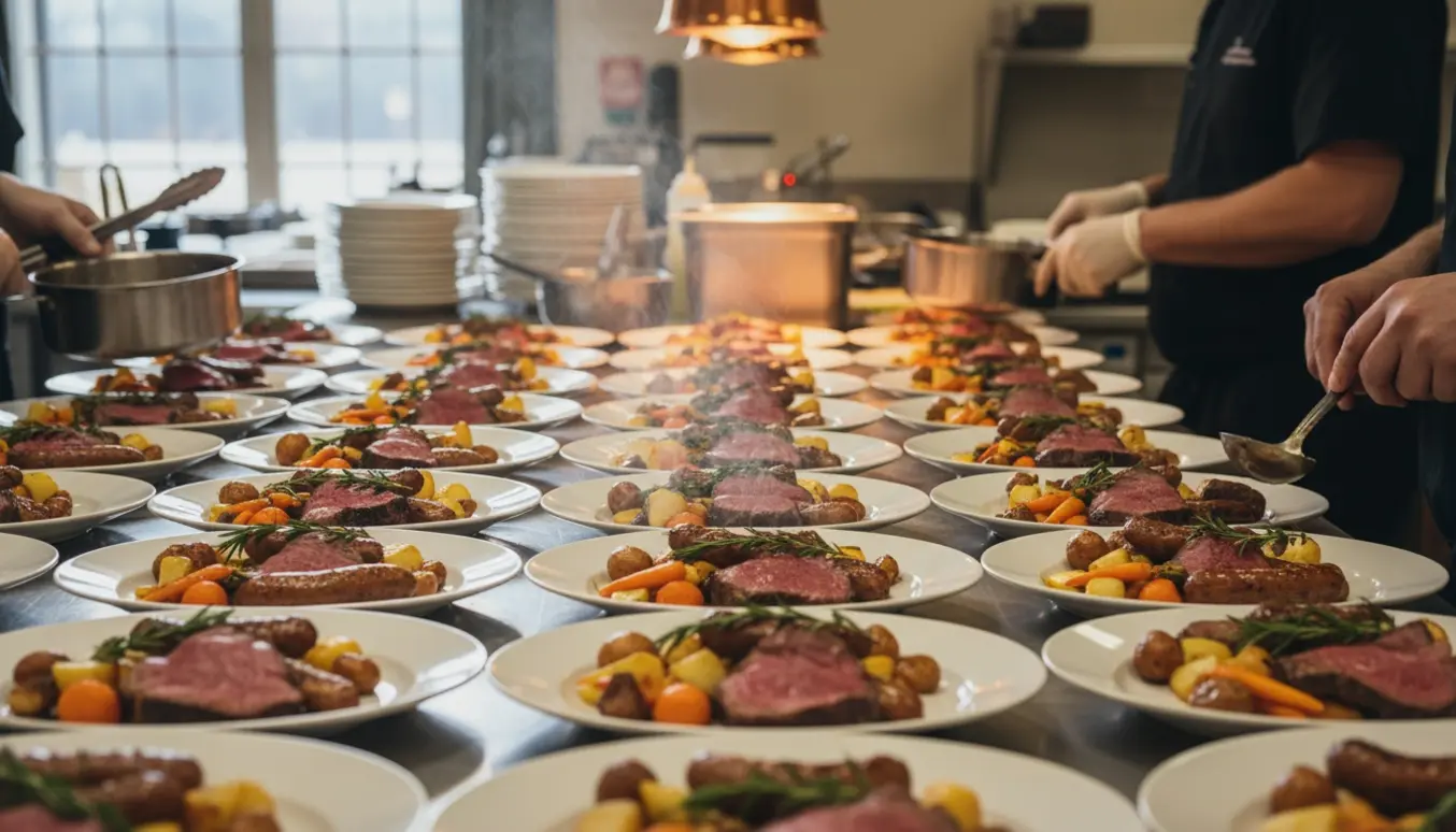 Serveringslinje med varme kødretter på hvide tallerkener i et professionelt køkken.