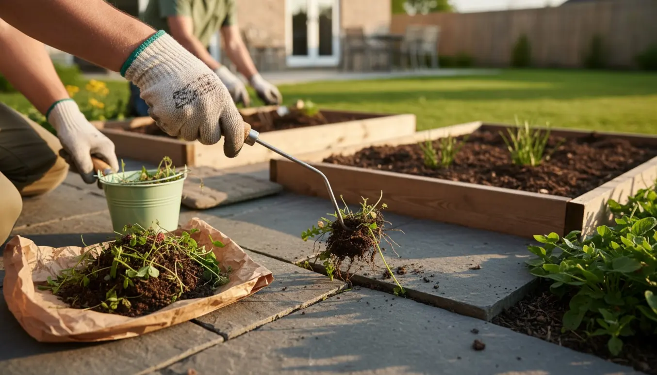 Nærbillede af hænder, der fjerner ukrudt mellem fliser ved indkørsel og luger i to bede.
