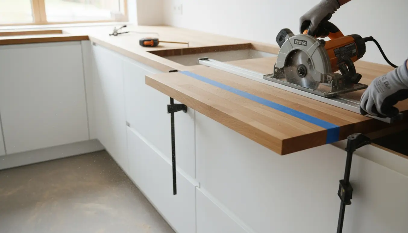 Nærbillede af hænder, der måler og saver en træbordplade til over installerede køkkenskabe i et lyst køkken.