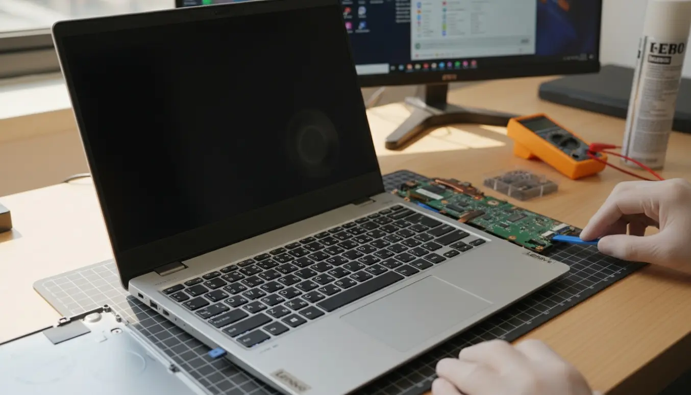 Åben bærbar med oplyst tastatur men sort skærm, åben bund og værktøj på arbejdsbordet.