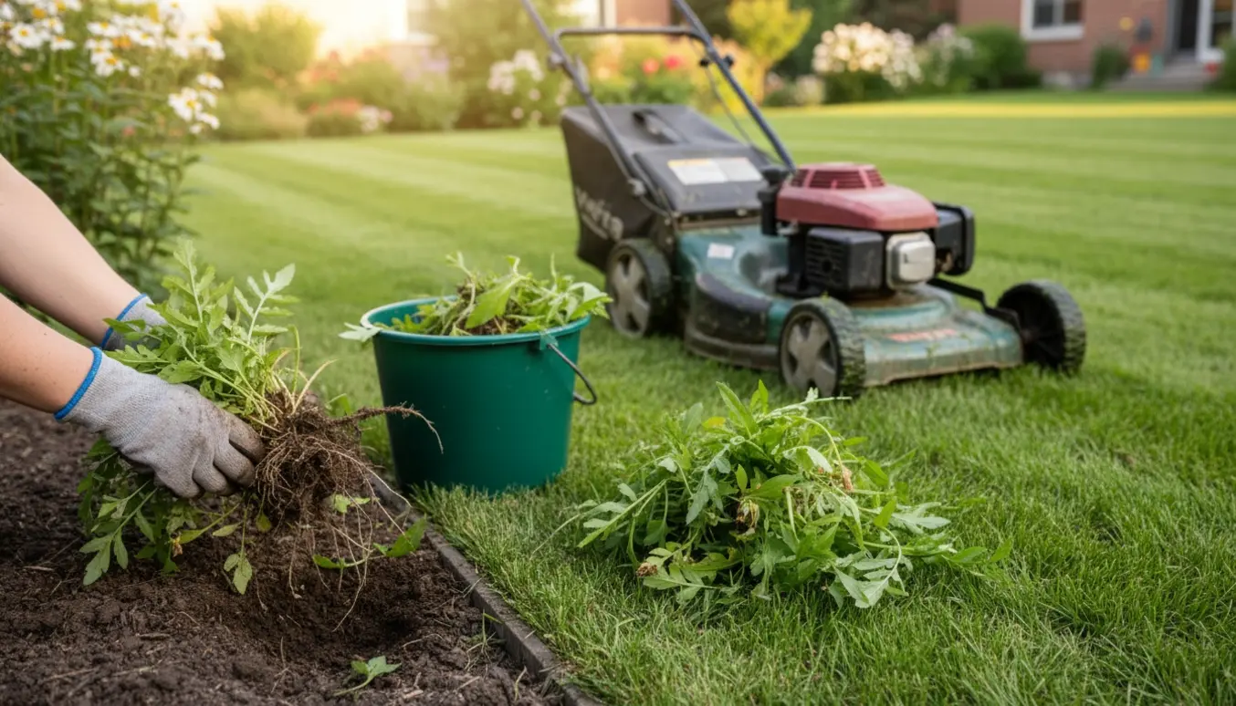 En person fjerner ukrudt ved kanten af en nyslået græsplæne med en plæneklipper i baggrunden.