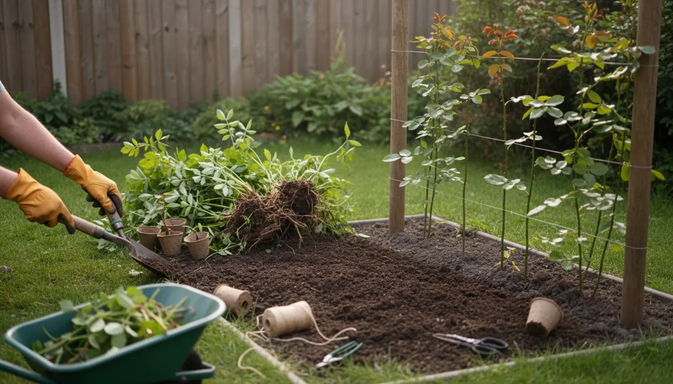 Hænder i handsker graver skvalderkål op og binder tre klatreroser til et trådhegn i en nyplantet bed.