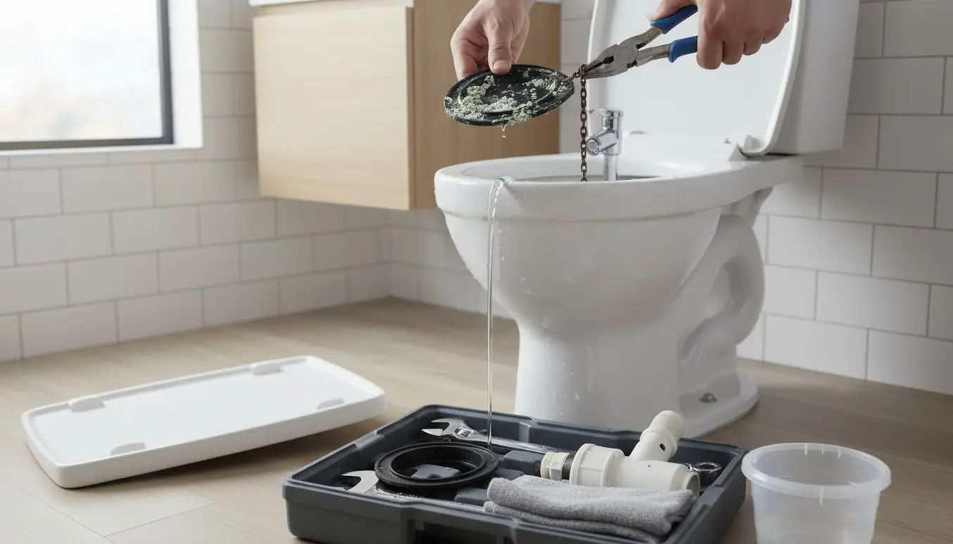 Åbent toilet med hænder, der justerer flapper og fyldventil for at stoppe et løbende toilet.