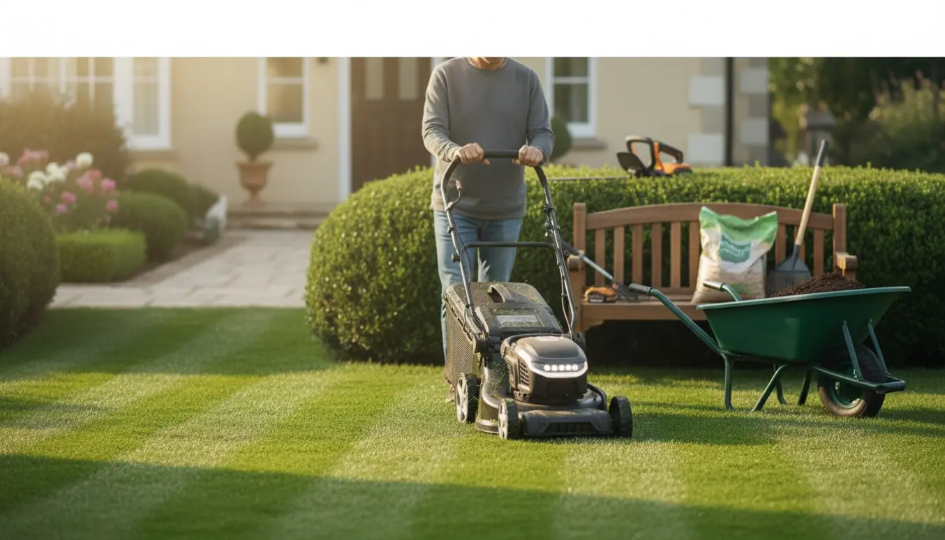 Velplejet forhave med nyklippet græs, beskårede hække og haveredskaber foran et salgsklart hus.