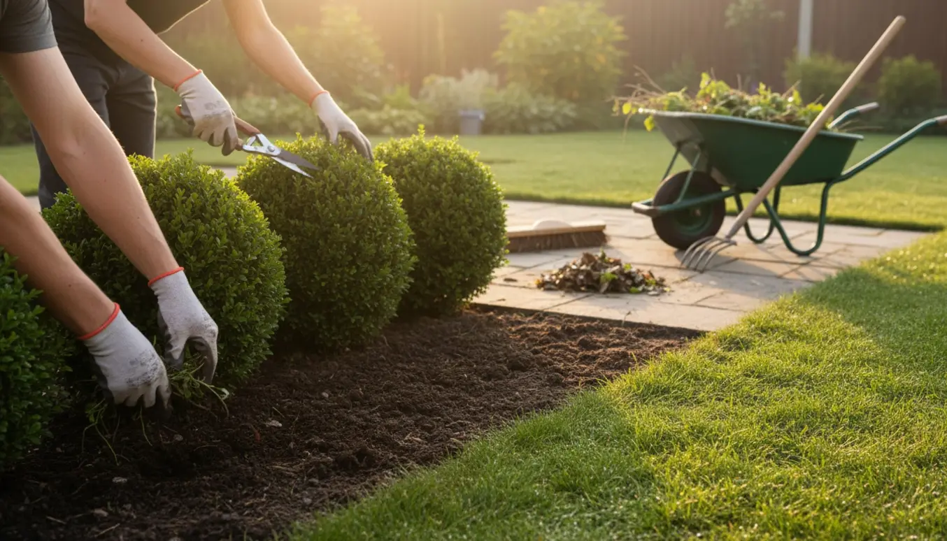 Hænder trækker ukrudt, trimmer buksbom og fejer en terrasse i en solrig have.