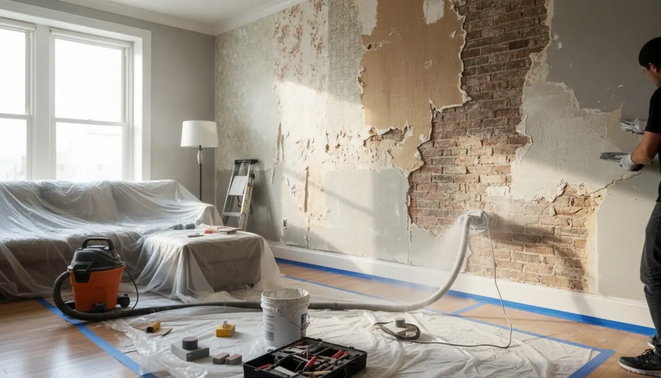 Slibning og spartling af en stuevæg med afdækkede møbler og værktøj i naturligt dagslys.