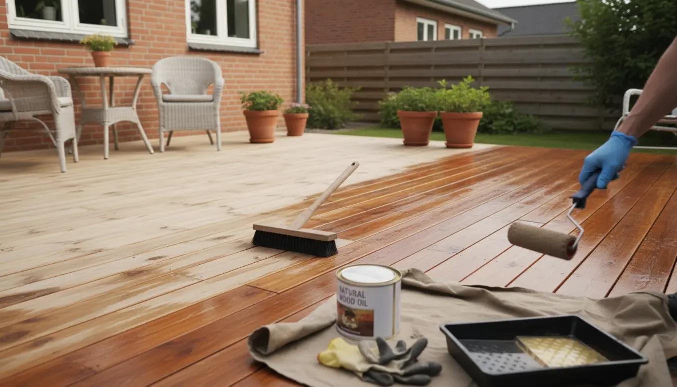 Halvren og halvolieret Douglas-gran træterrasse i blødt morgenlys med olieværktøj klar.
