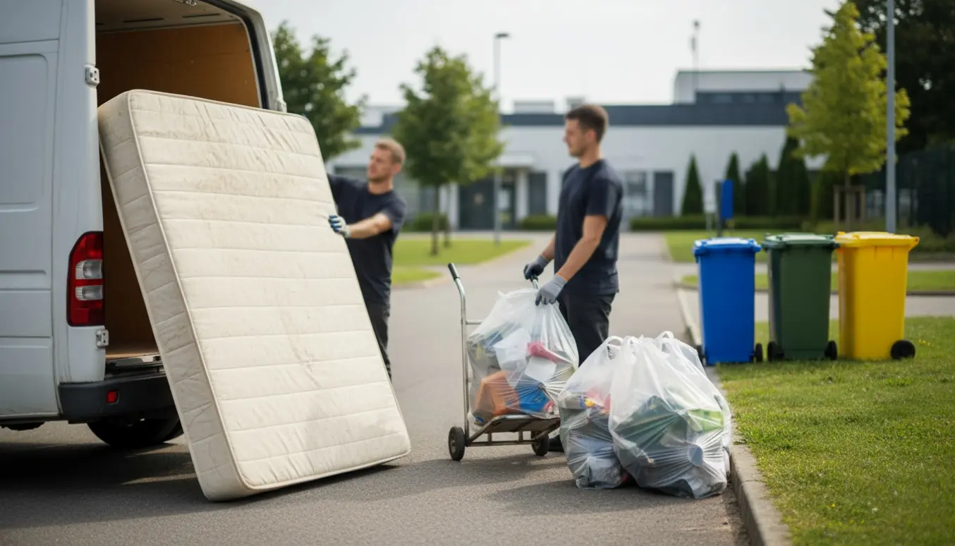 En boxmadras og flere sække med plastaffald ved kantstenen klar til afhentning og transport.
