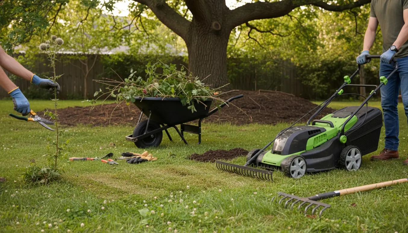 En havearbejder set fra skuldrene ned klipper græs og fjerner tidsler, brombær og bunddække ved et træ.