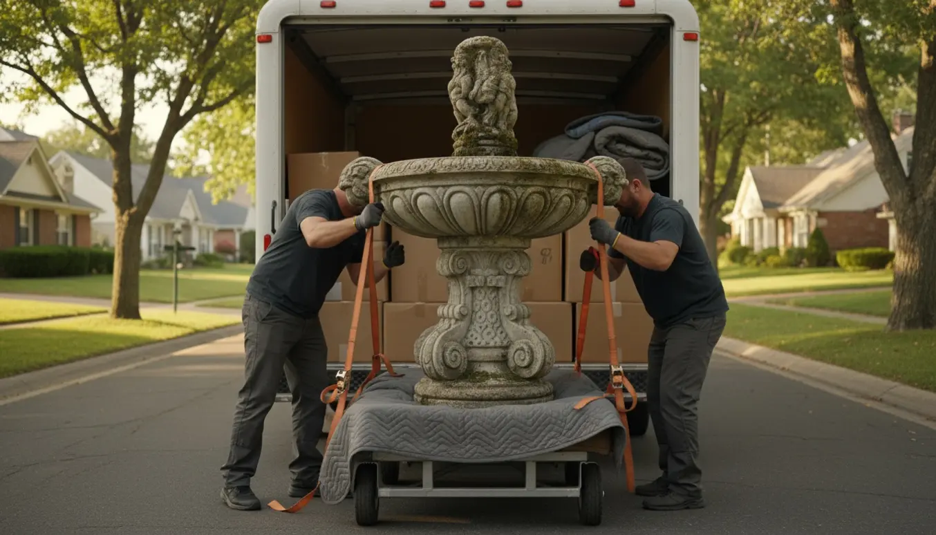 Et stort stent fuglebad læsses forsigtigt ind i en flyttebil på en solrig forstadsgade.