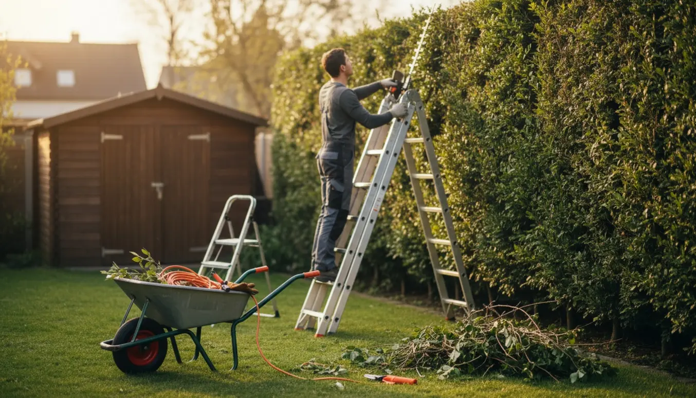 Gartner på stige trimmer en høj hæk i en privat have med værktøj og afklippede grene i forgrunden.