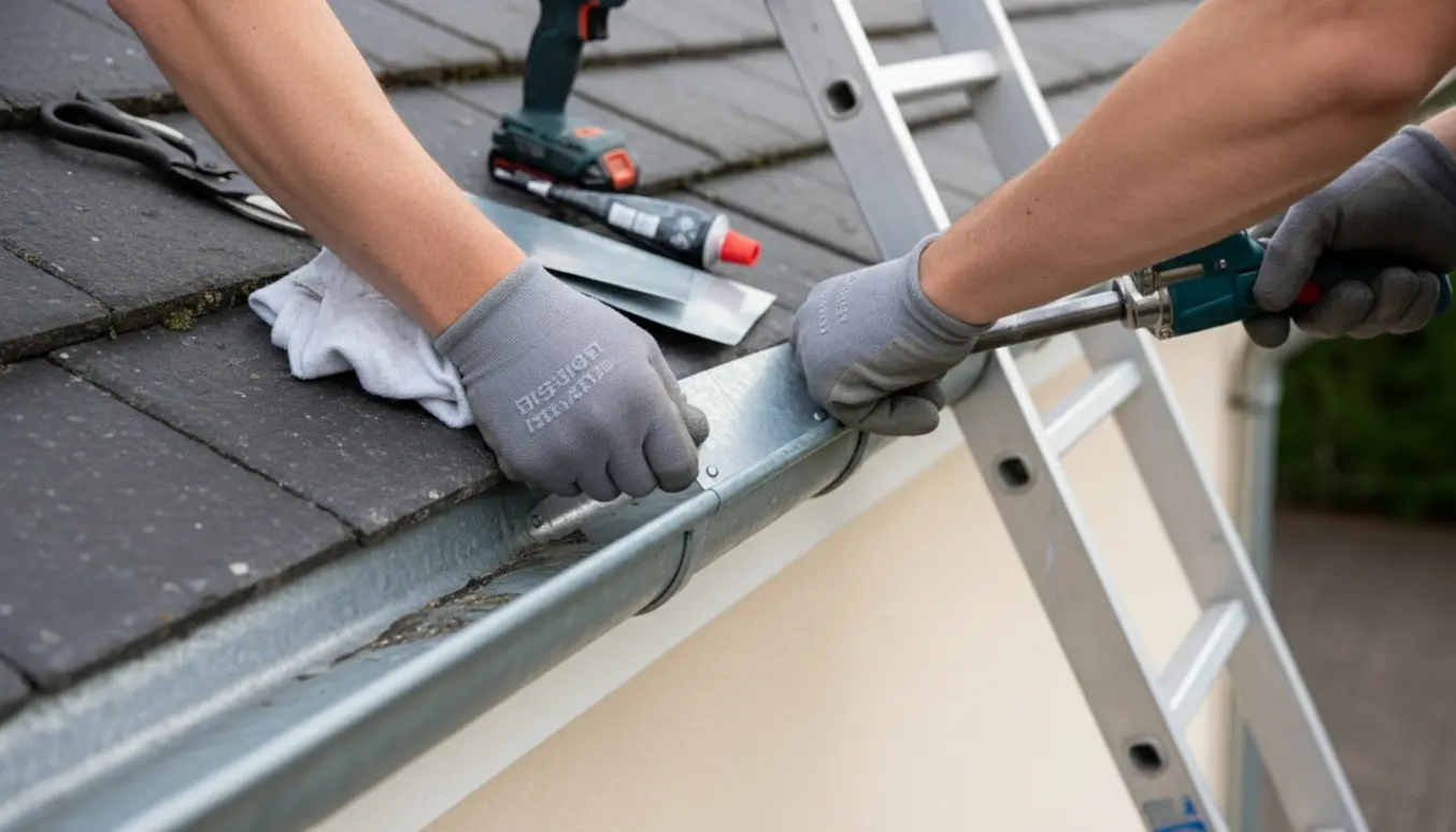 Nærbillede af handskerede hænder, der lapper en revne i en zinktagrende med en metallap og popnitter.