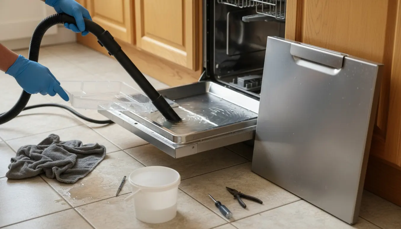 Opvaskemaskinens bundåbning med vand i drypbakken, mens handsker suger vandet op med en våd/tør-støvsuger.