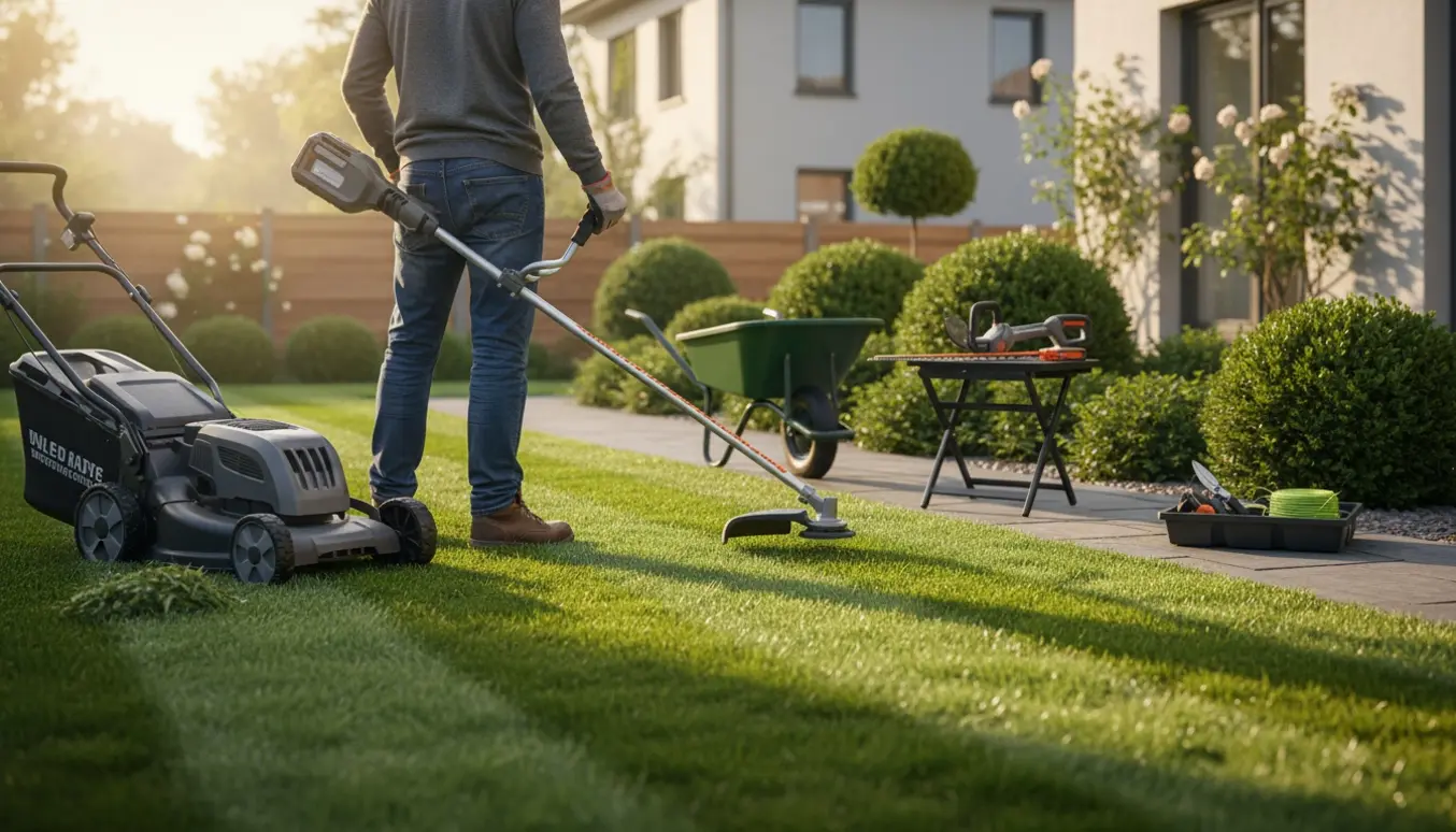 Velholdt græsplæne med plæneklipper, kanttrimmer og nysnoede buske under løbende havearbejde.