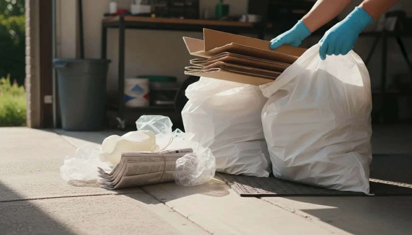 Hænder i handsker putter sammenklappet pap, papir og plast i affaldssække ved garagen.