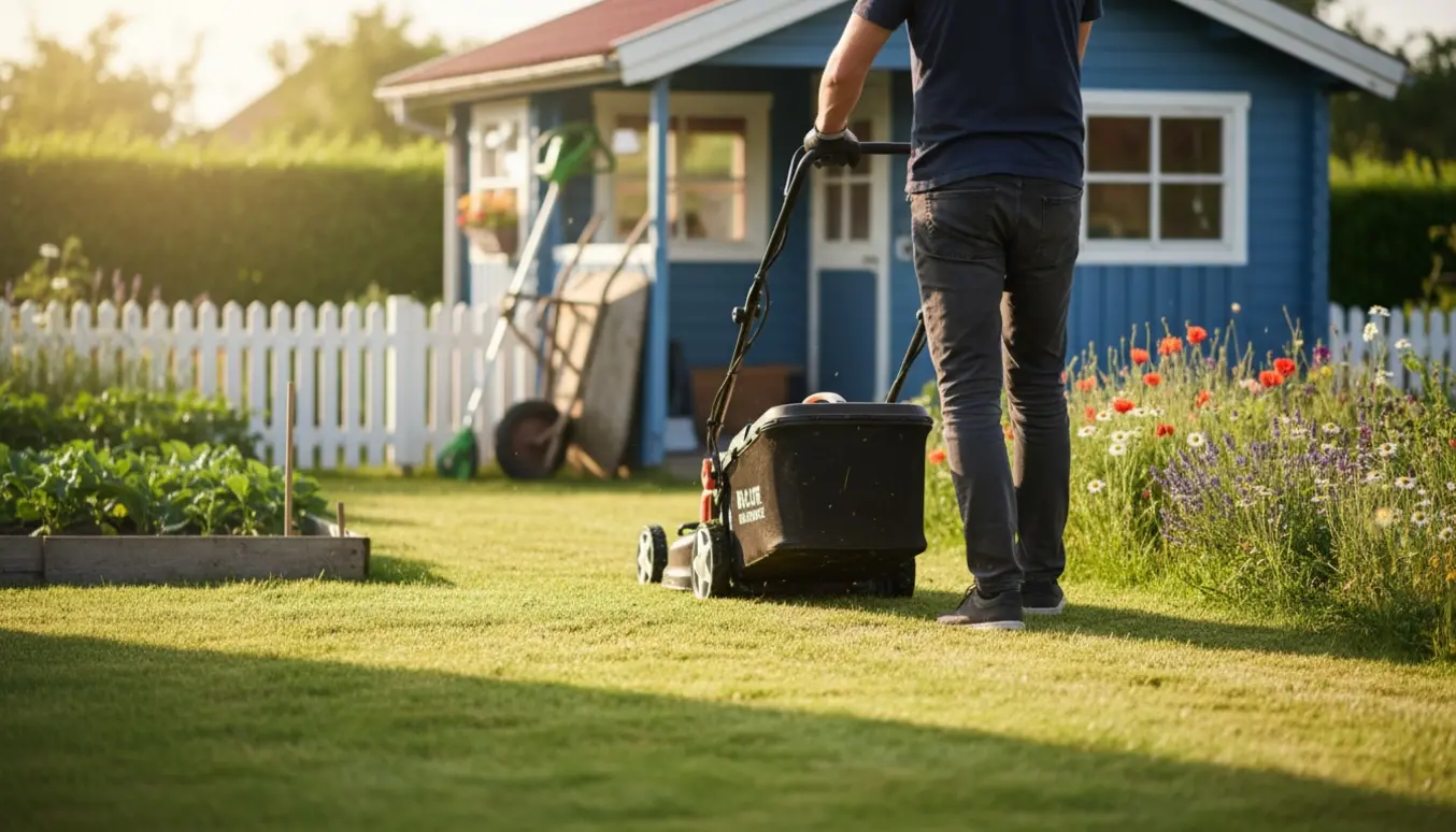 En person slår græsset i en kolonihave med en plæneklipper, hvor halvdelen er nyslået og kolonihavehuset ses i baggrunden.