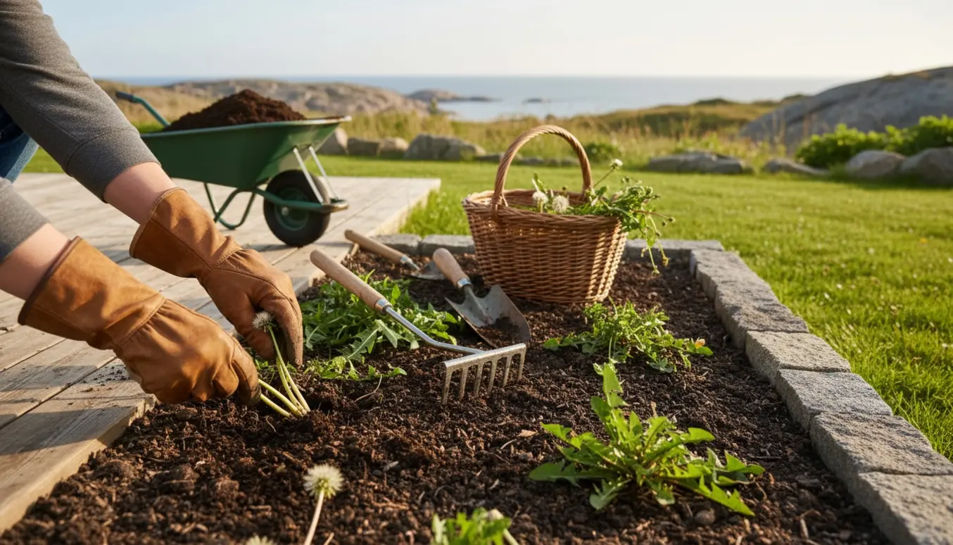 Nærbillede af hænder, der luger ukrudt og river i en lille have med træterrasse på Bornholm.