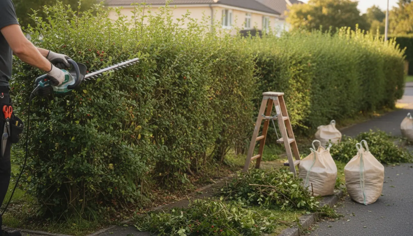 Hækklipning af tjørn på en hjørnegrund med afskårne grene samlet i sække.