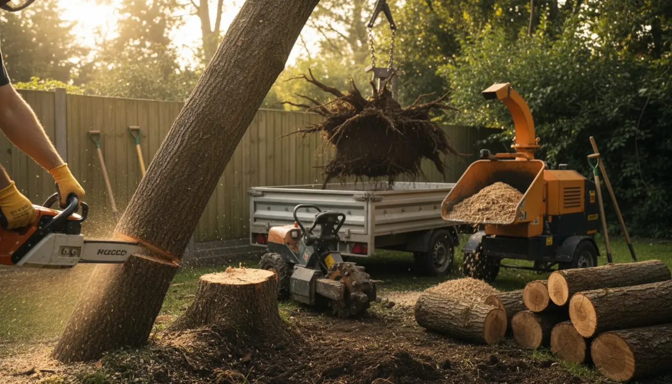 Nærbillede af fældning og bortskaffelse af et træ med motorsav i forgrunden og rodklump på trailer i baggrunden.