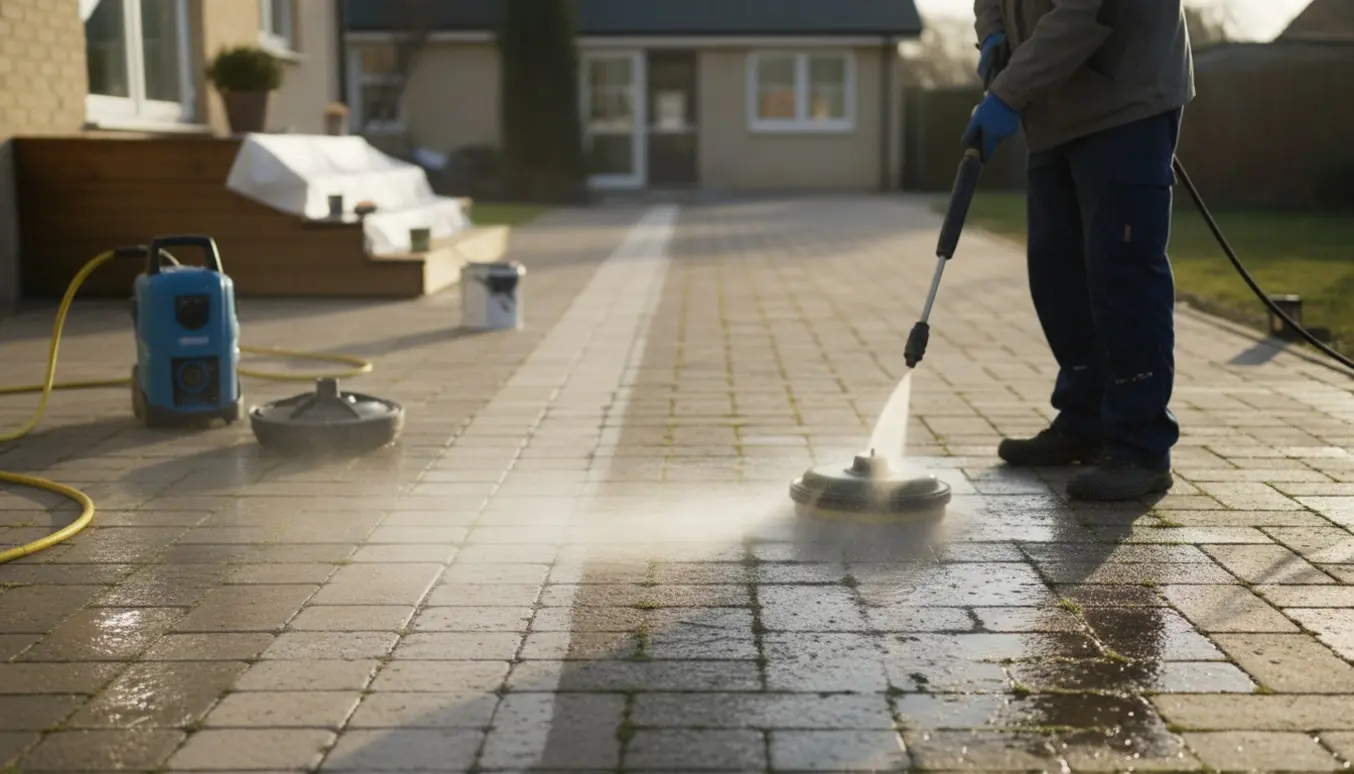 Håndværker højtryksrenser flisegang og indkørsel med synlig forskel mellem rene og algedækkede fliser.