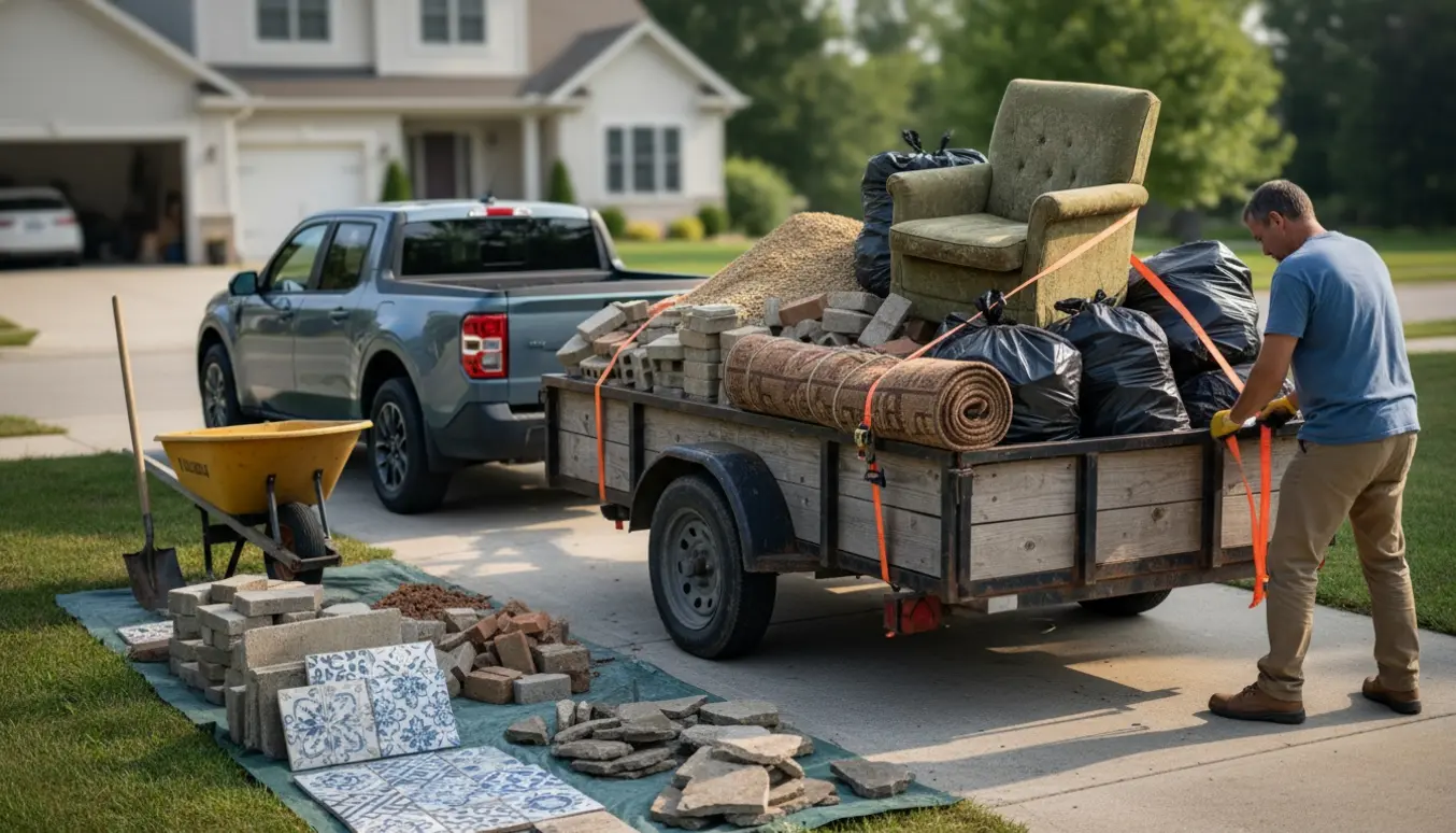 Bil med anhænger lastet med fliser, sten og storskrald på en indkørsel, en arbejder spænder fast lasten.