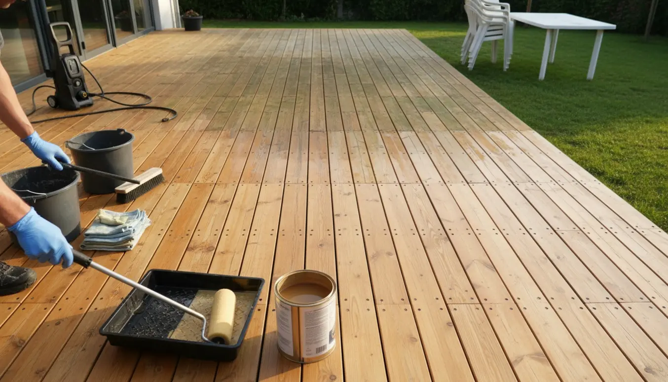 Nærbillede af oliering af en trykimprægneret træterrasse med værktøj og synligt før-og-efter.