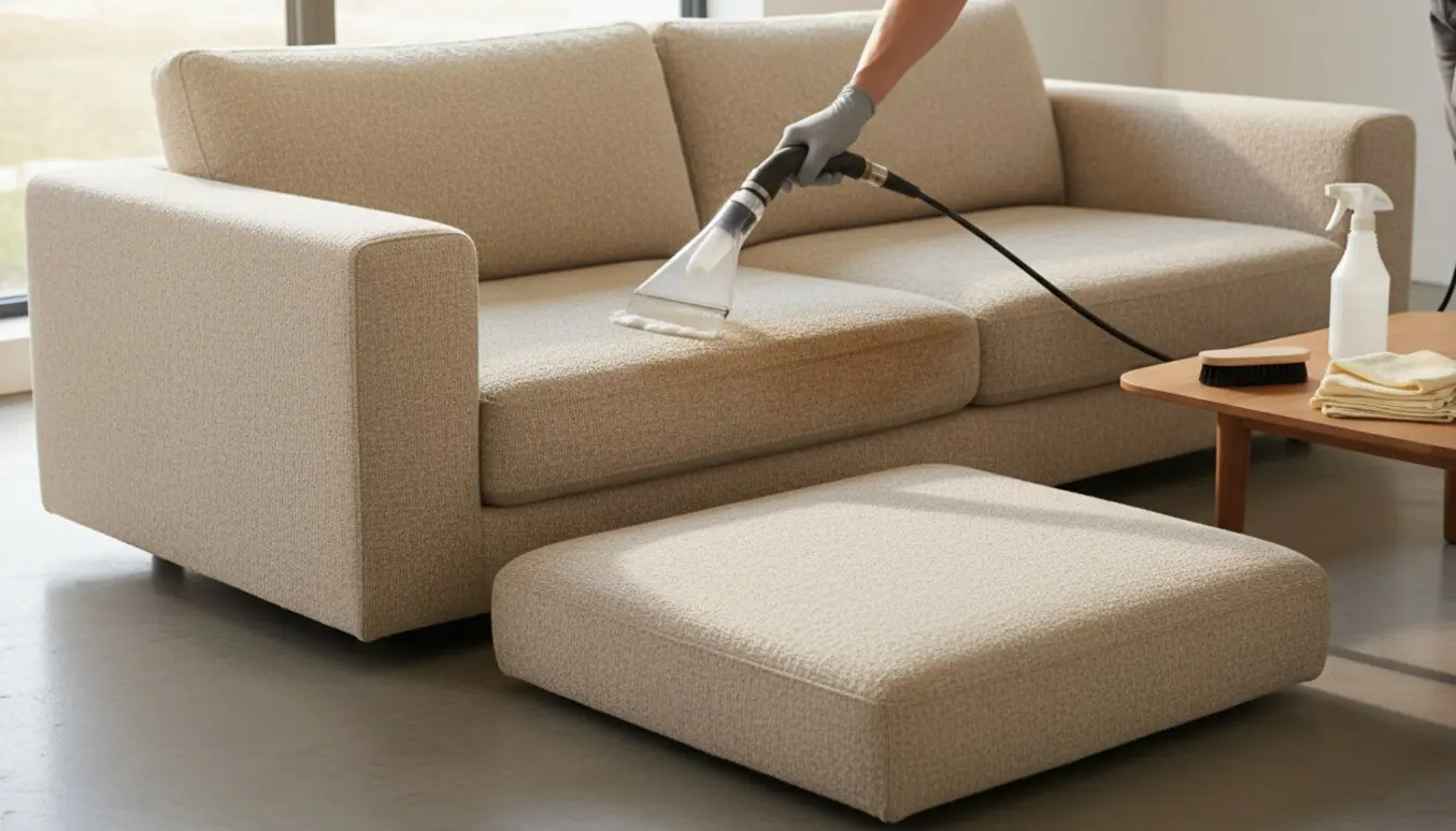 Tekniker renser en beige Hallingdal-stof sofa med polstringsrenser i et lyst, ryddeligt rum.