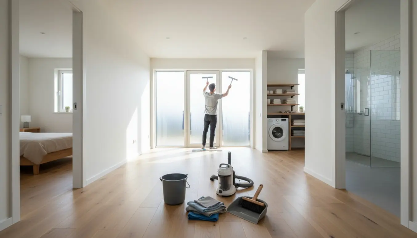 Lyst, moderne ét-årigt hus under slutrengøring med moppe, spand, vinduespudser og støvsuger uden rengøringsmidler synlige.