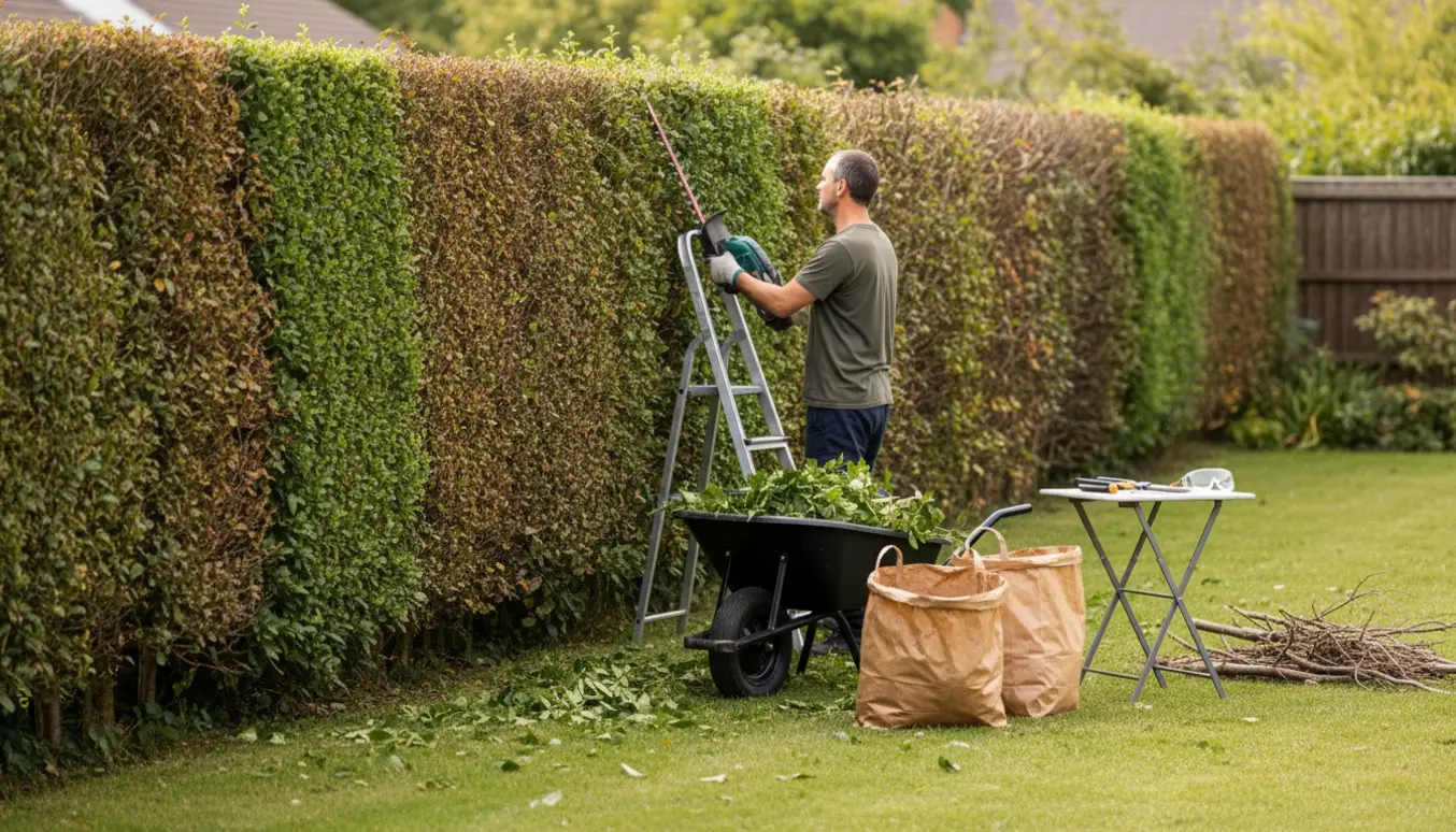 En havearbejder klipper en lang, to meter høj hæk med trimmer, mens afklip ligger i trillebør og poser.