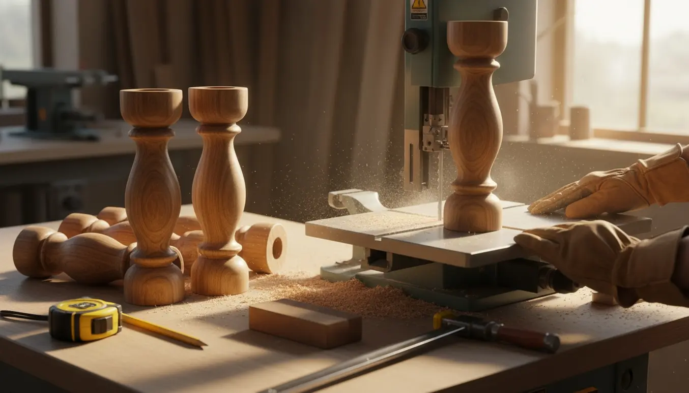 Runde bordben afkortes på et solbelyst værksted med sav, målebånd og savsmuld.