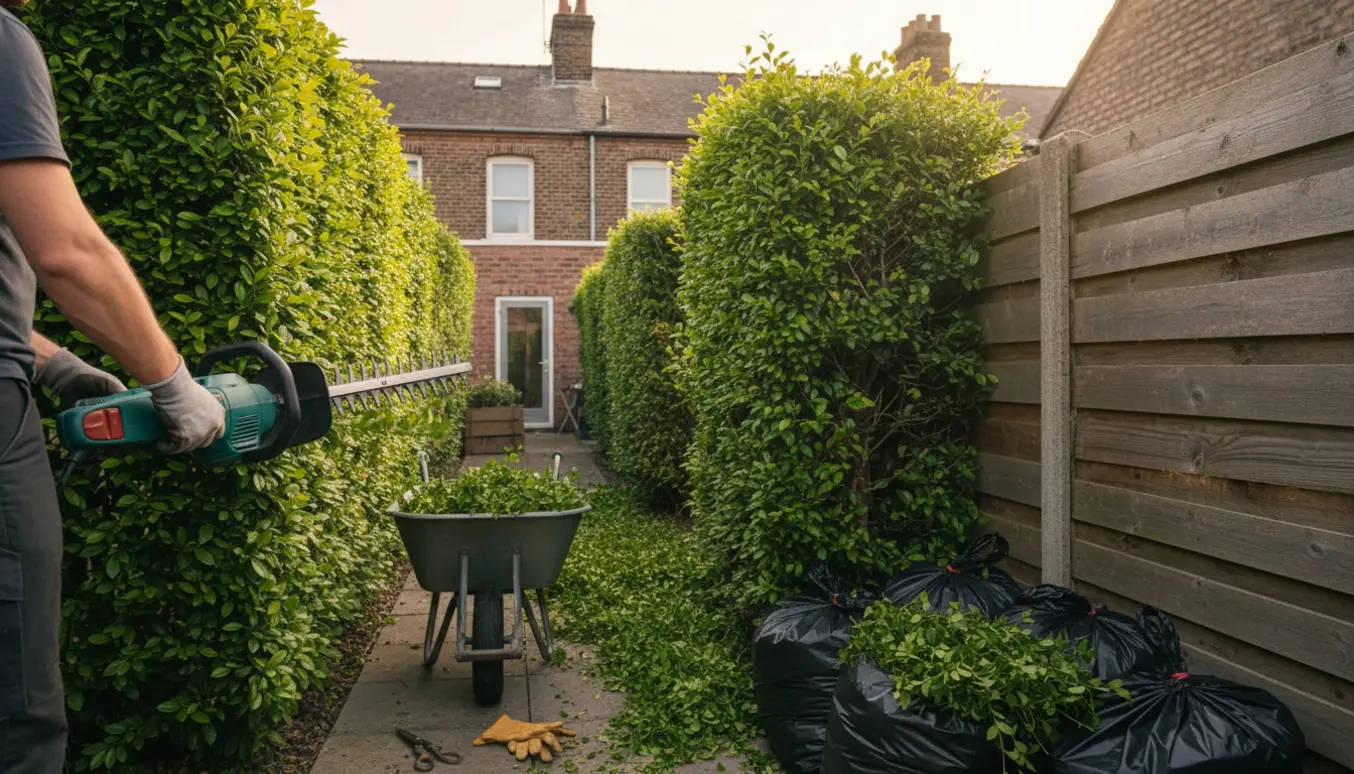 Rækkehushave med nyklippede ligusterhække, trillebør og sække fyldt med afklip klar til bortskaffelse.