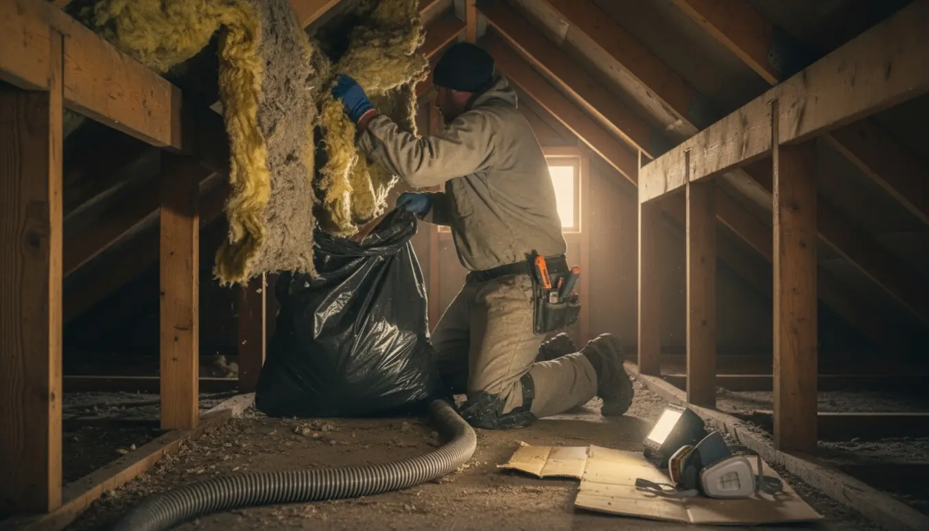 En person kravler i et lavt loftsrum og fjerner gammel isolering med handsker, støvmaske og en affaldspose.