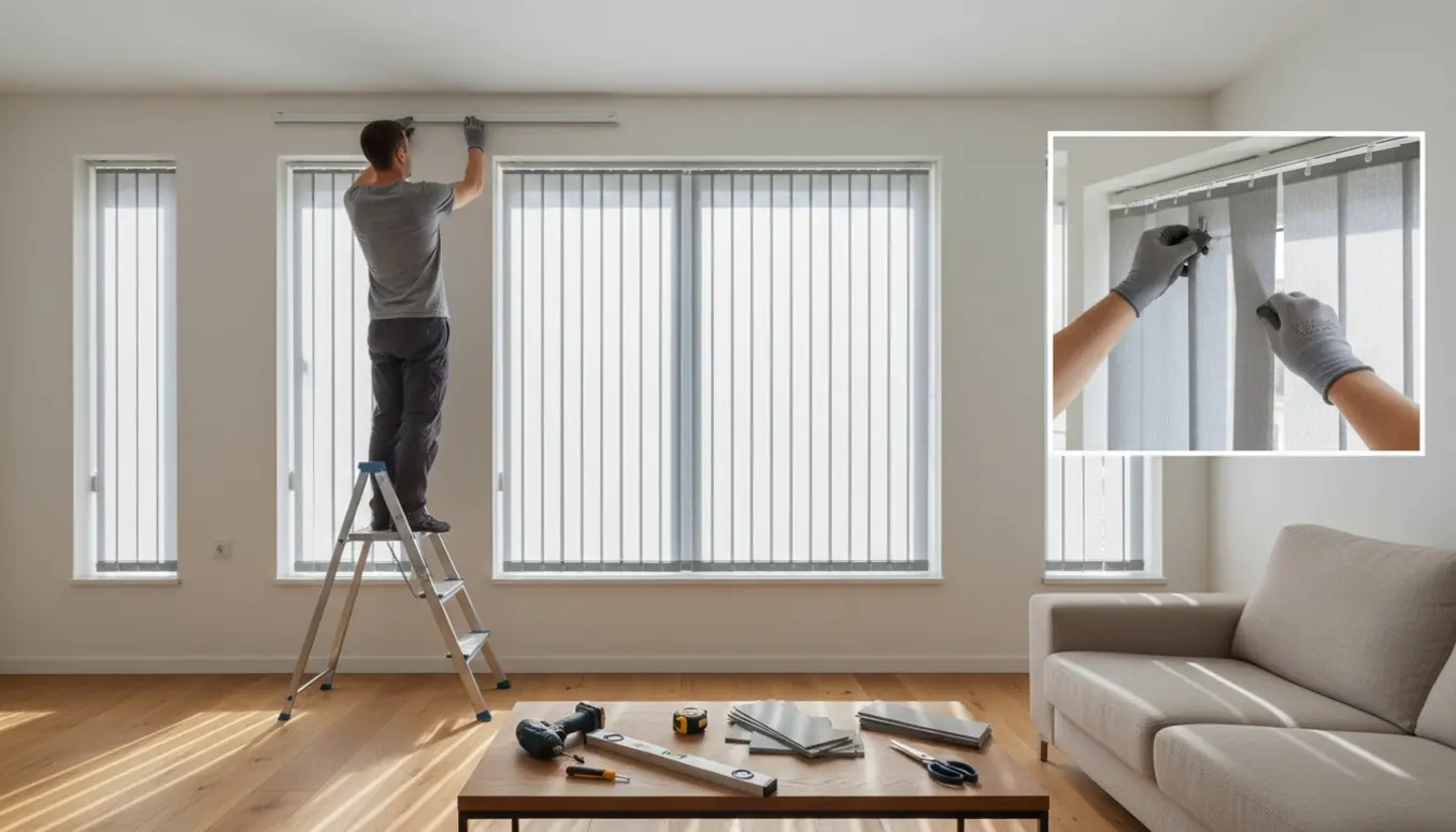 Hænder monterer tilpassede lamelgardiner i fem vinduer med værktøj og trimmede lameller i en lys stue.