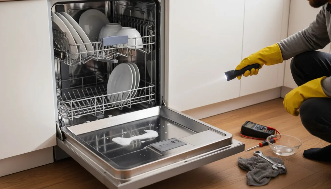 Åben opvaskemaskine med vand i bunden og værktøj klar til fejlfinding i et lyst køkken.