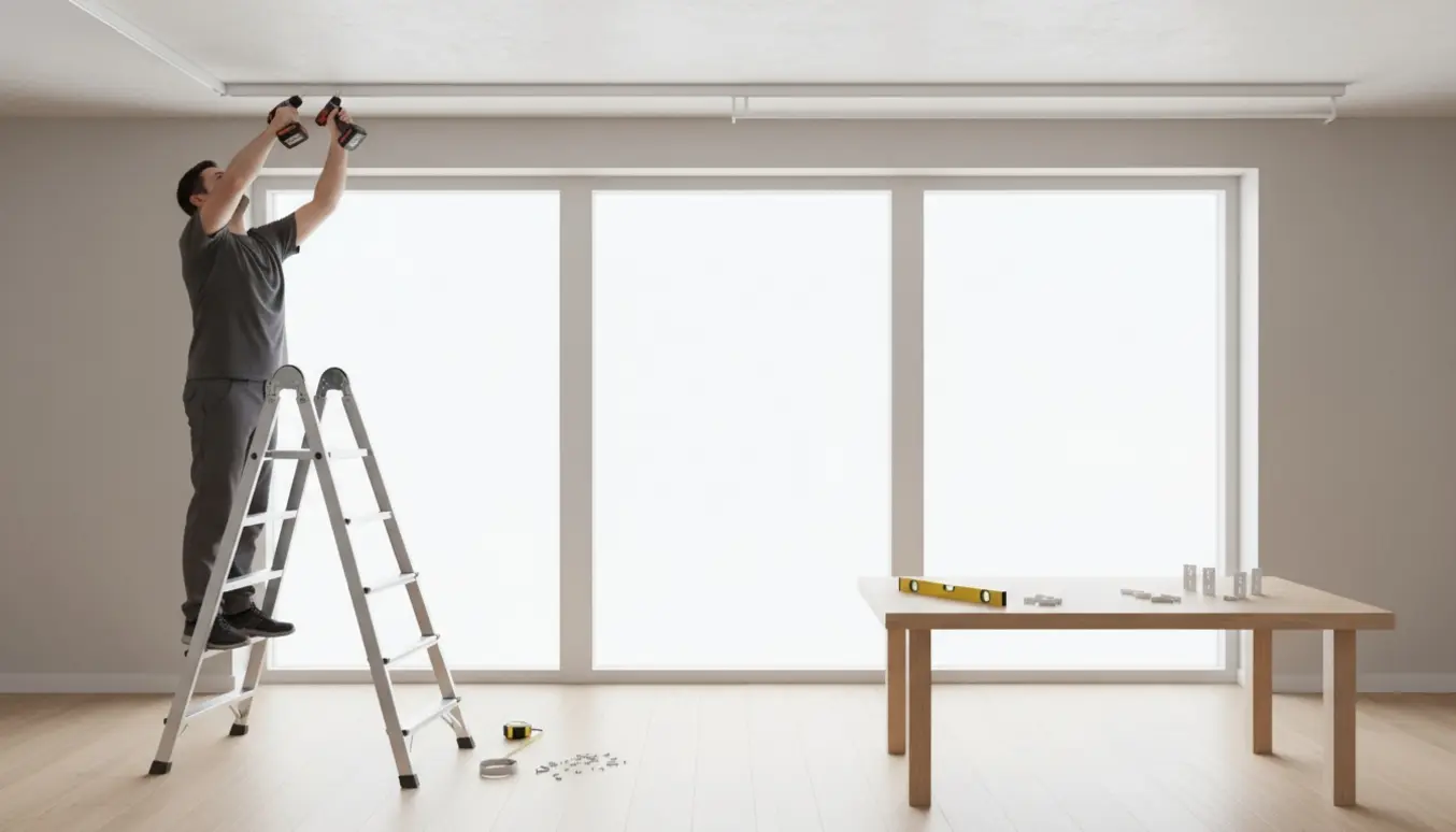 Installatør på stige monterer gardinskinne i loftet over tre vinduespartier.