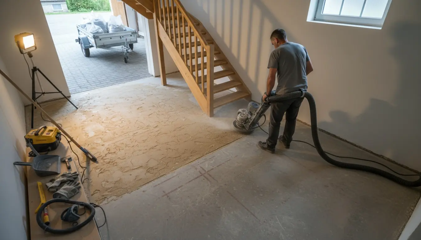 En gulvsliber fjerner LIP-klæbelim fra et kældergulv, så betonen bliver synlig og klar til nivellering.