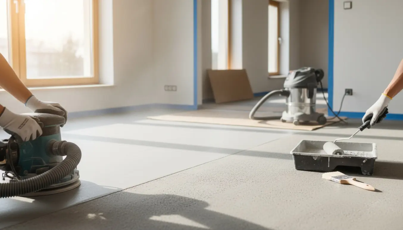 Et lyst rum hvor et flydespartelgulv slibes og delvist er klargjort til maling med diffusionsåben maling.