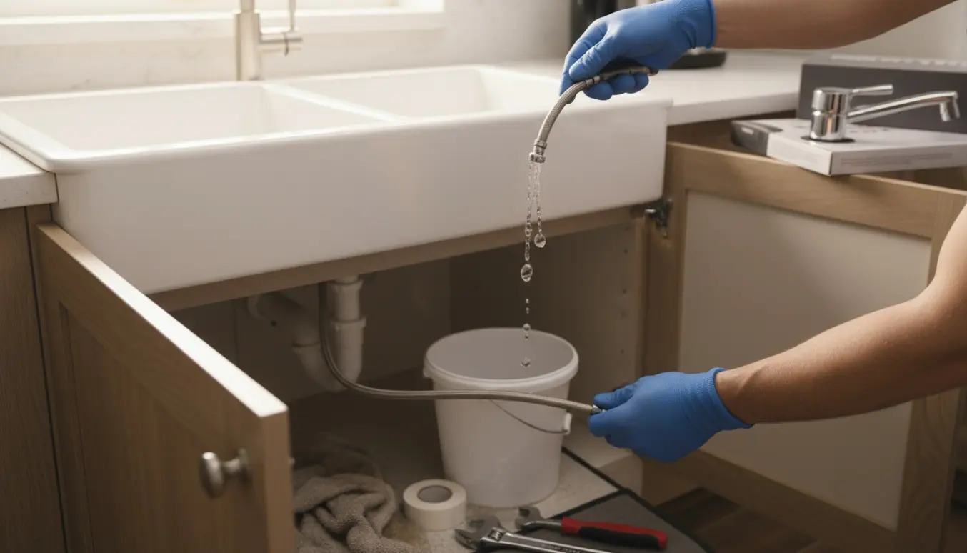 Hænder udskifter en lækkende køkkenvandhane med værktøj og spand under et åbent underskab.