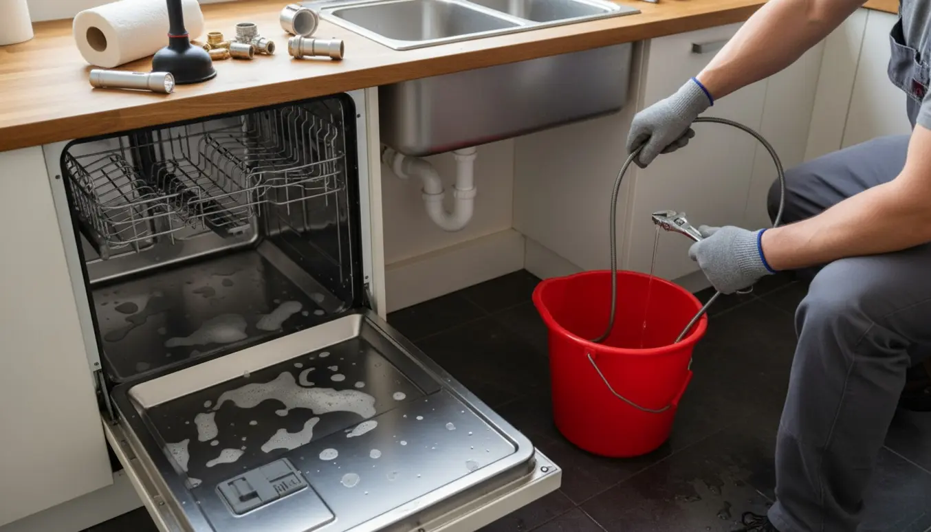 Hænder reparerer et tilstoppet køkkenafløb med opvaskemaskine, dryppende vask og spand under røret.